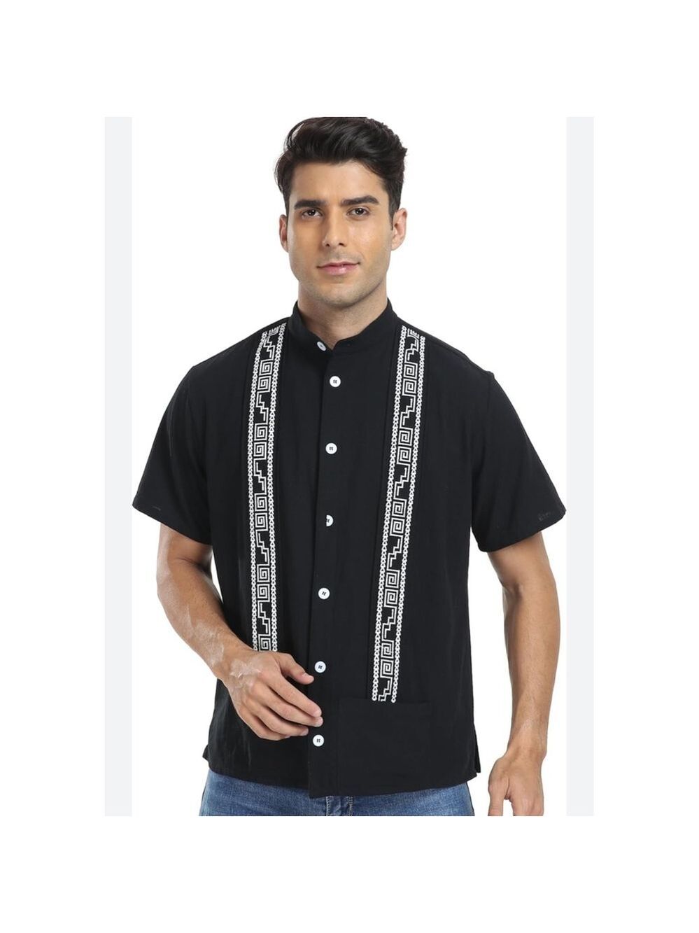 Mens Black Short Sleeve Embroidered Cuban Guayabera Shirt XL